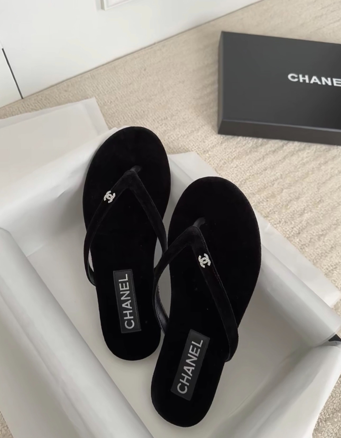 Chanel black velvet flip-flops