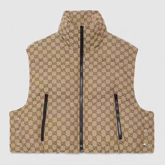 Gucci Men Canvas Padded Gilet GG Canvas Lined Concealed Hood High Neck Sleeveless