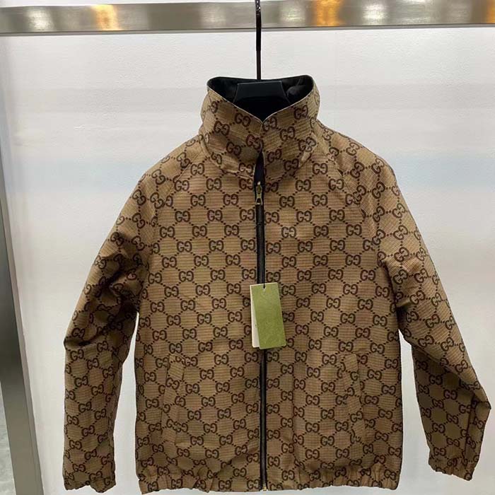 Gucci Men Reversible Poplin Jacket Black Polyester Piping Green Red Beige Ebony GG Canvas