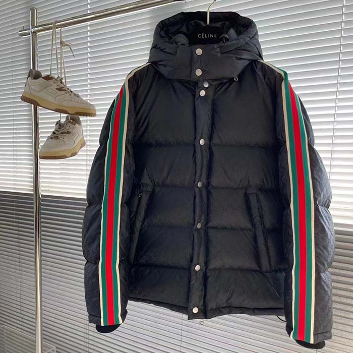 Gucci Men GG Nylon Jacquard Jacket Web Black Stripe Lined Fixed Hood Rib Cuffs