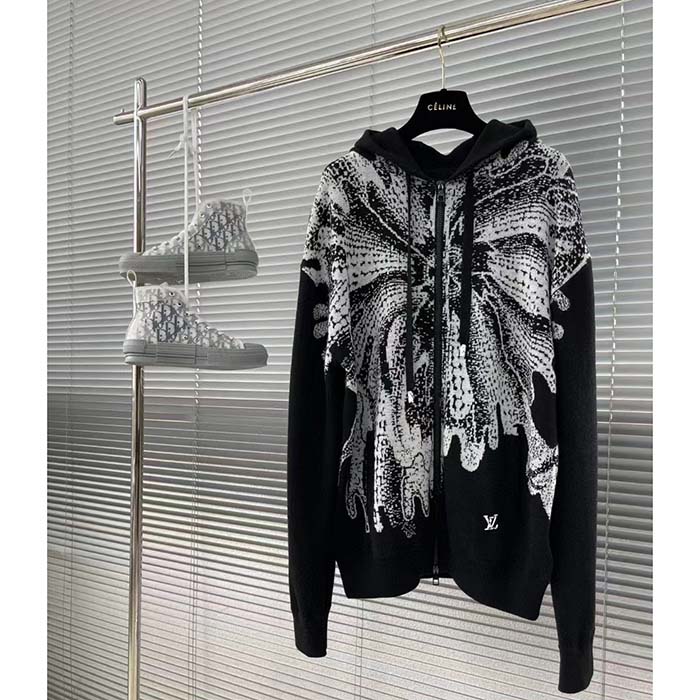 Louis Vuitton Men LV x YK Psychedelic Flower Zipped Hoodie Wool Polyamide Black White Regular Fit
