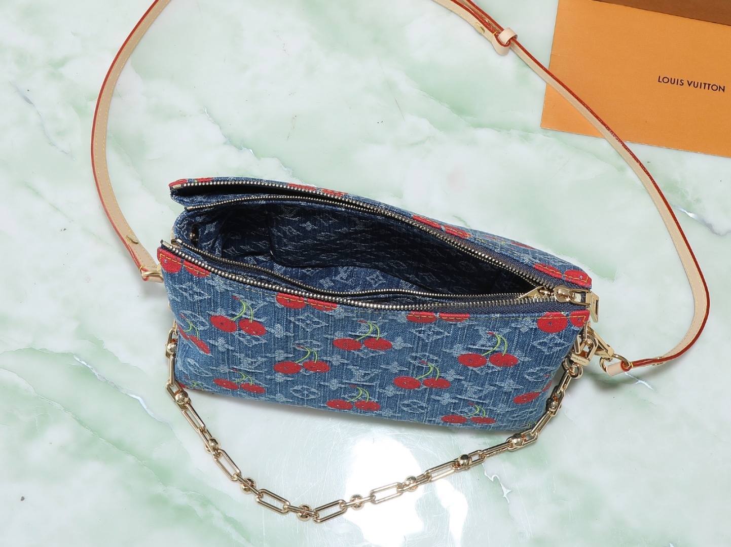 Louis Vuitton new denim cherry embroidery chain bag M14978