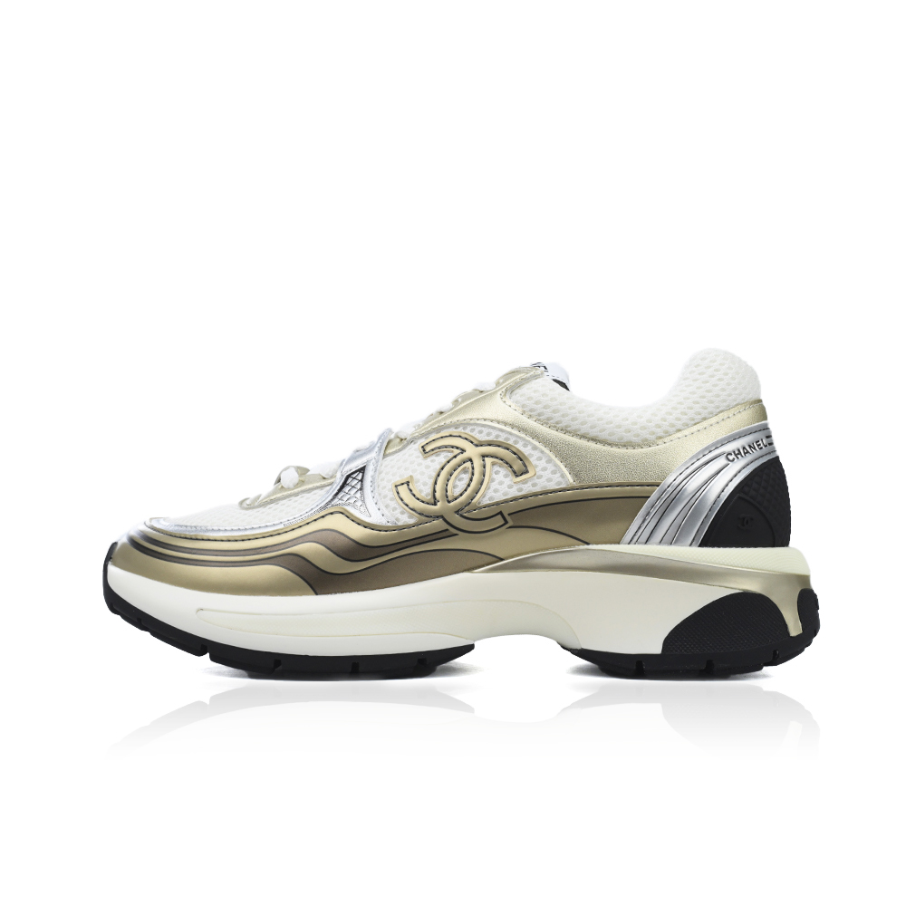 Chanel Fabric Laminated Low Top Sneakers Rose Gold