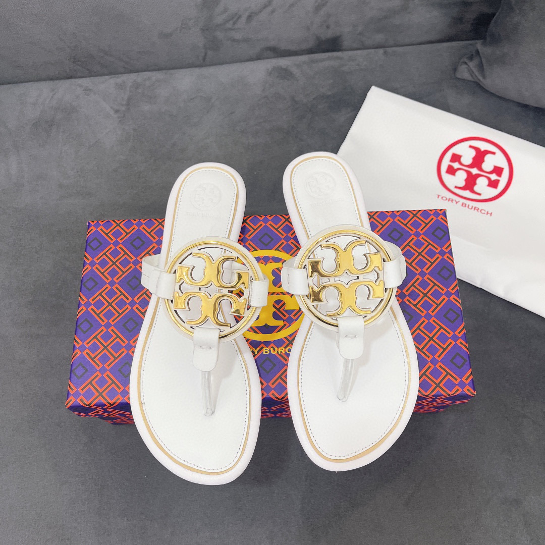 Tory Burch Leather Metal Double T Logo Flip-flops Sandals Slide