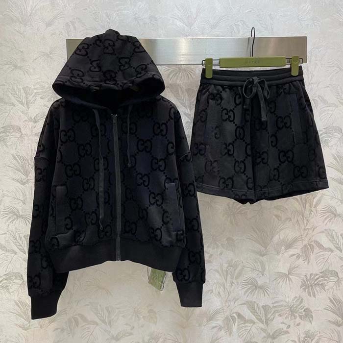 Gucci Men GG Brushed Cotton Hooded Sweatshirt Black Fixed Hood Dropped Shoulder Long Sleeves