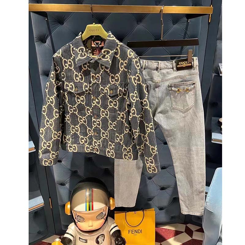 Gucci GG Women Pineapple Jacket Blue Ivory Jumbo GG Jacquard Denim