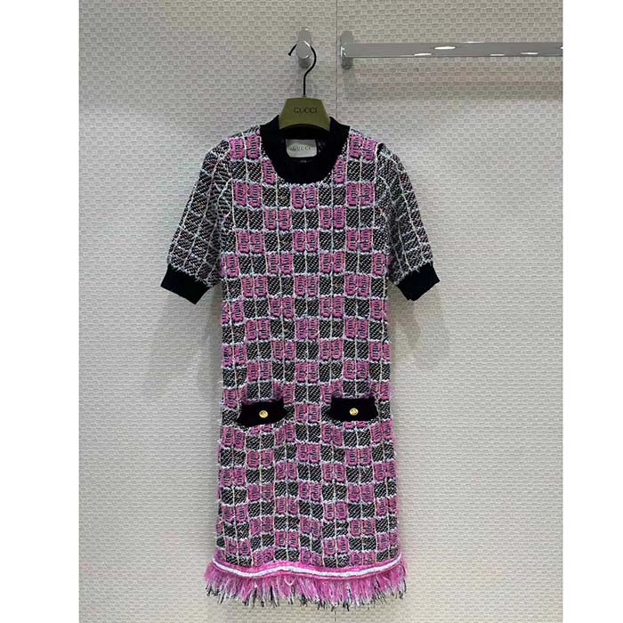 Gucci Women GG Cotton Dress Black Pink Blend Double G Buttons Intarsia Crewneck Short Sleeves