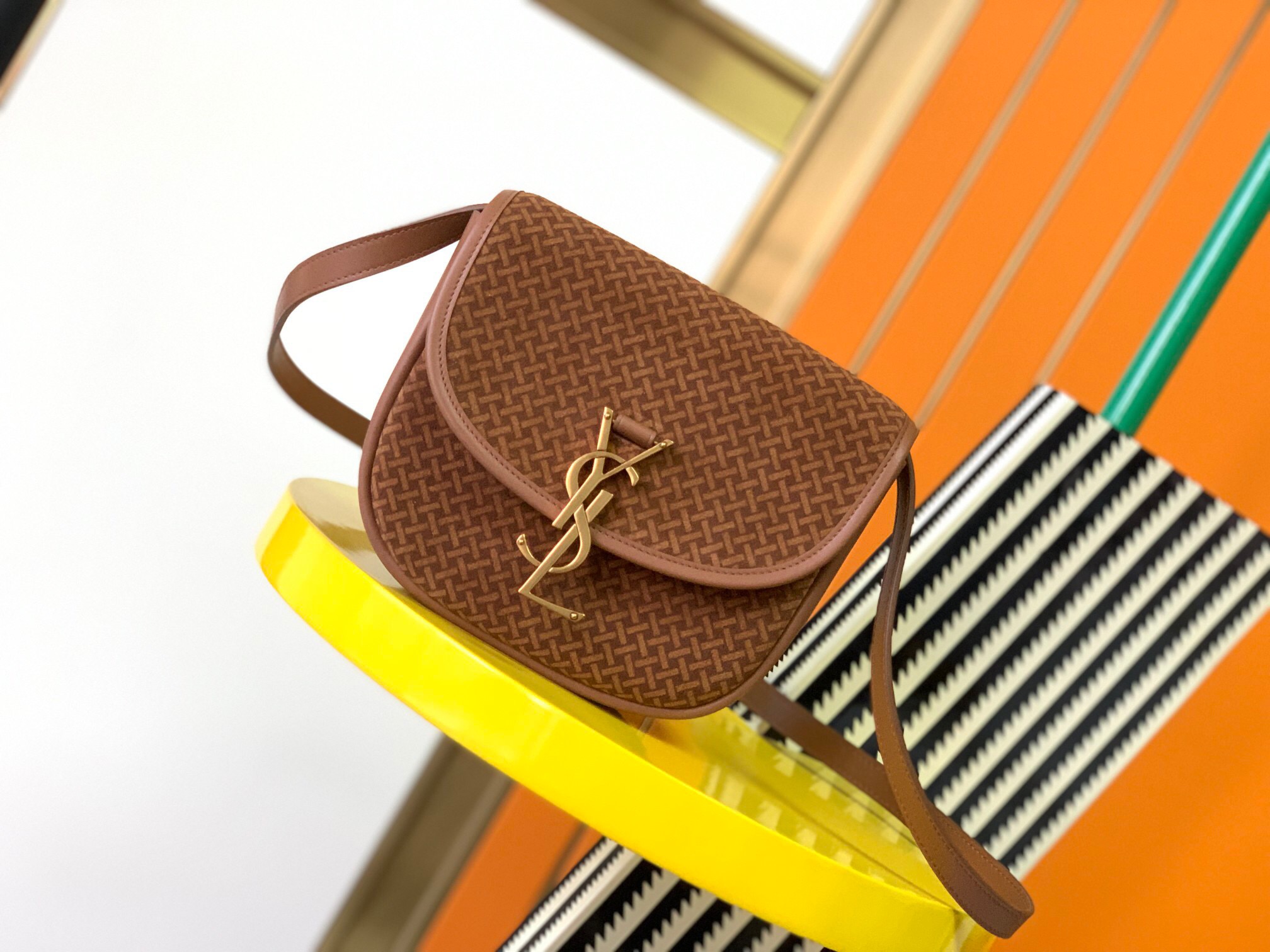 Saint Laurent caramel frosted printed diagonal cross bag