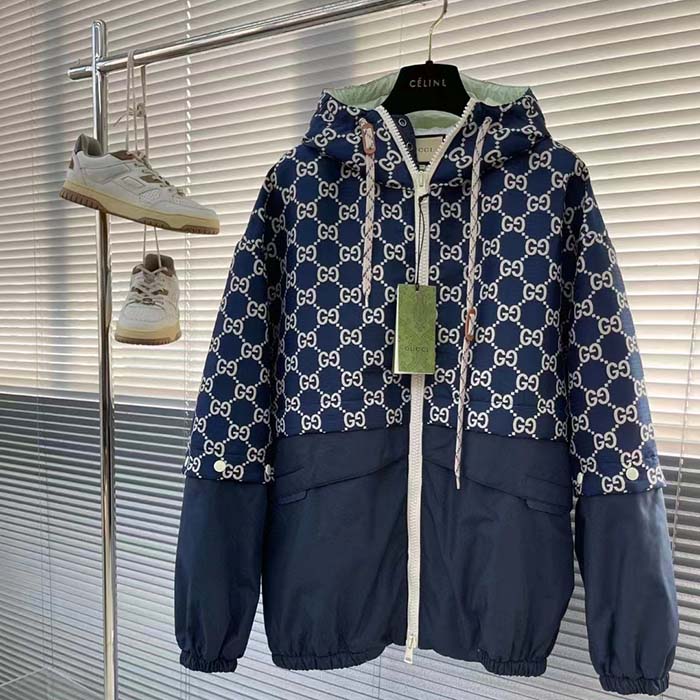 Gucci Women GG Ripstop Fabric Zip Jacket Blue Ivory GG Padded Detachable Sleeves