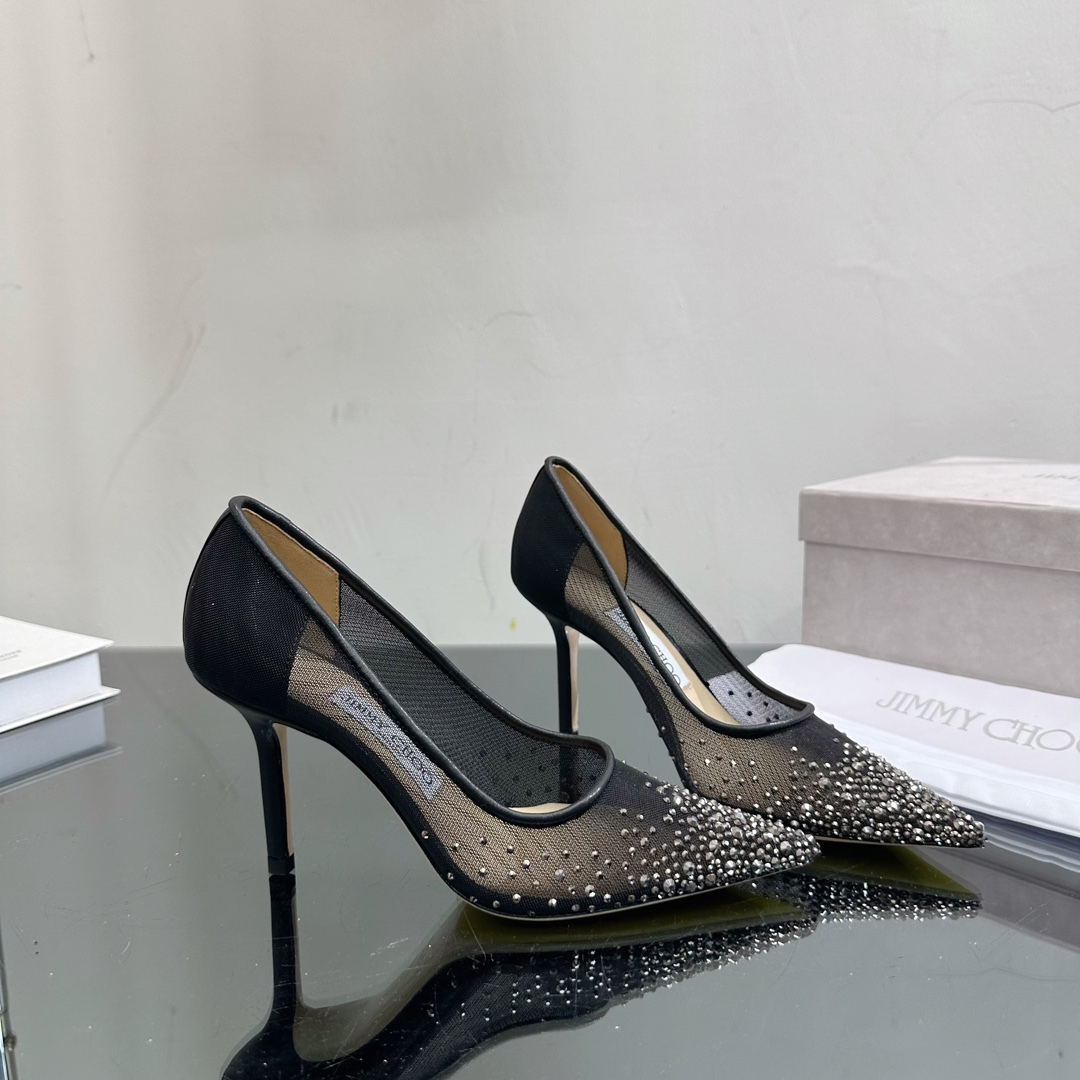 Jimmy Choo Black Mesh Pointed Stiletto Heels  Slide Sandal