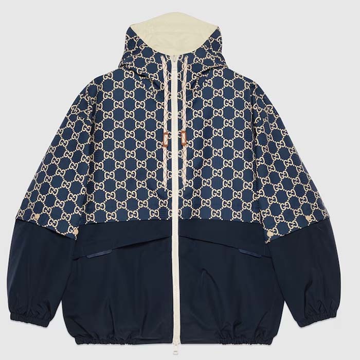 Gucci Women GG Ripstop Fabric Zip Jacket Blue Ivory GG Padded Detachable Sleeves