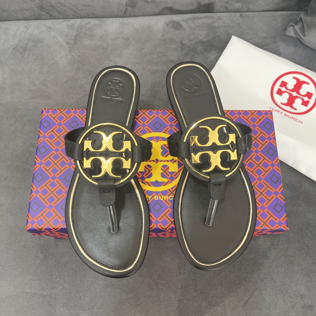 Tory Burch Leather Metal Double T Logo Flip-flops Sandals Slide