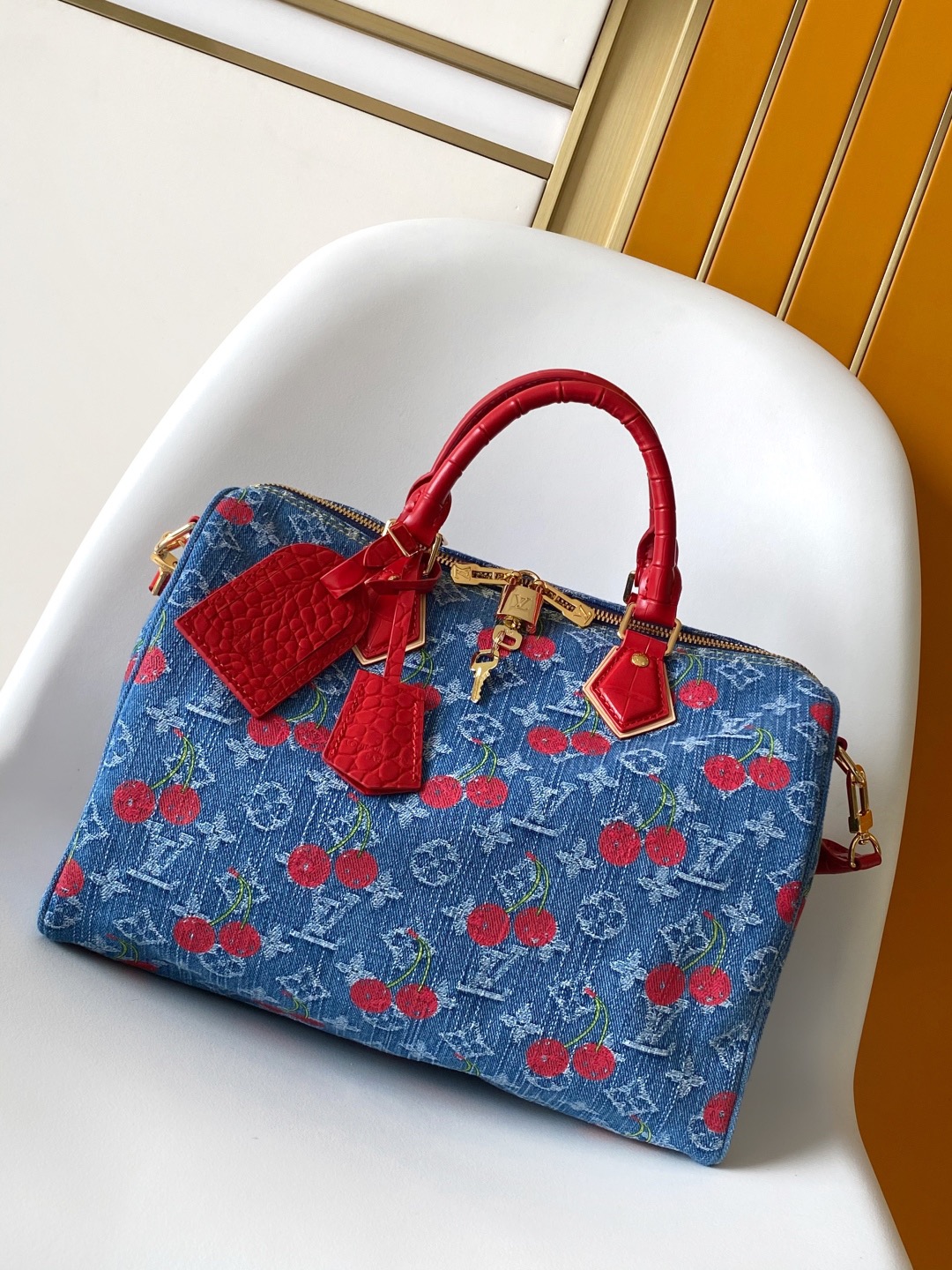 Louis Vuitton new denim cherry embroidered travel bag N87627