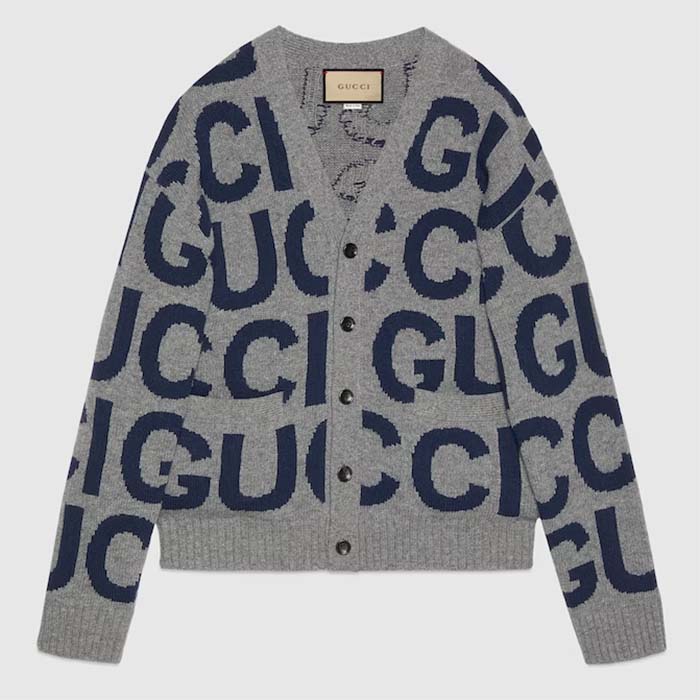 Gucci Men GG Cardigan Gucci Intarsia Grey Wool Blue V-Neck Dropped Shoulder Long Sleeves Two Pockets
