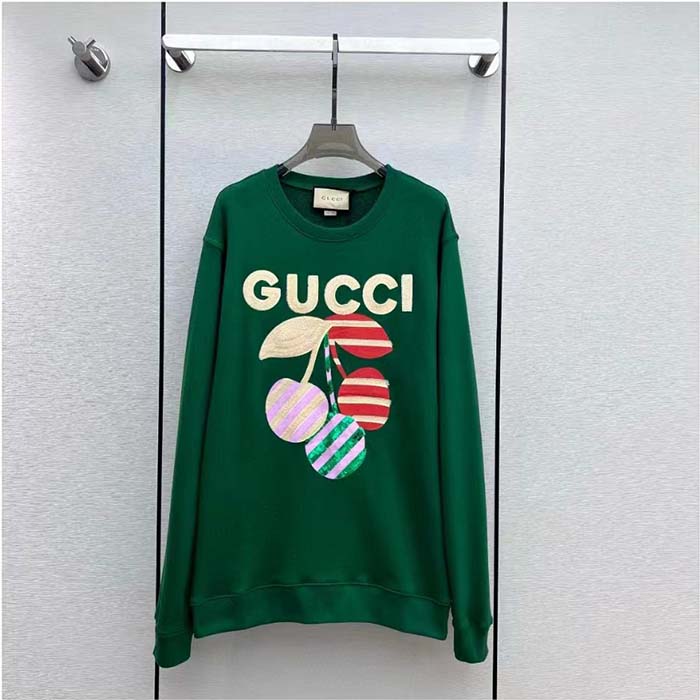 Gucci Men GG Cotton Jersey Sweatshirt Green Light Felted Crewneck Long Sleeves