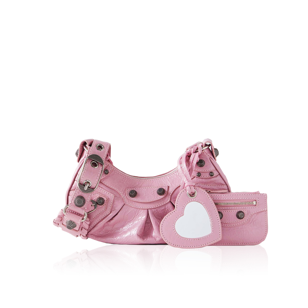 BALENCIAGA Le Cagole XS studded crinkled-leather shoulder bag pink