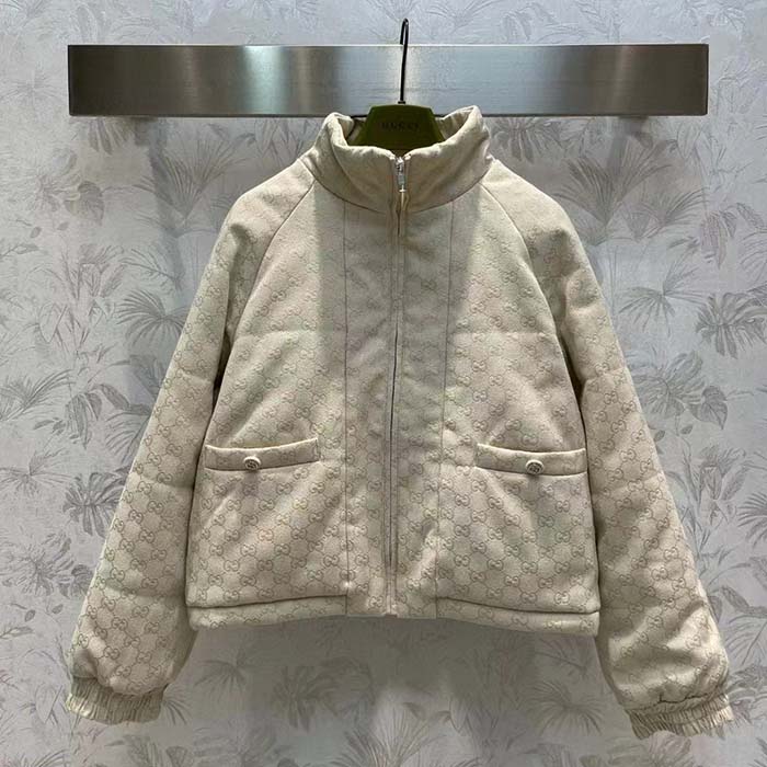 Gucci Women GG Canvas Bomber Jacket Cream Self-Covered Buttons Interlocking G Lined High Neck