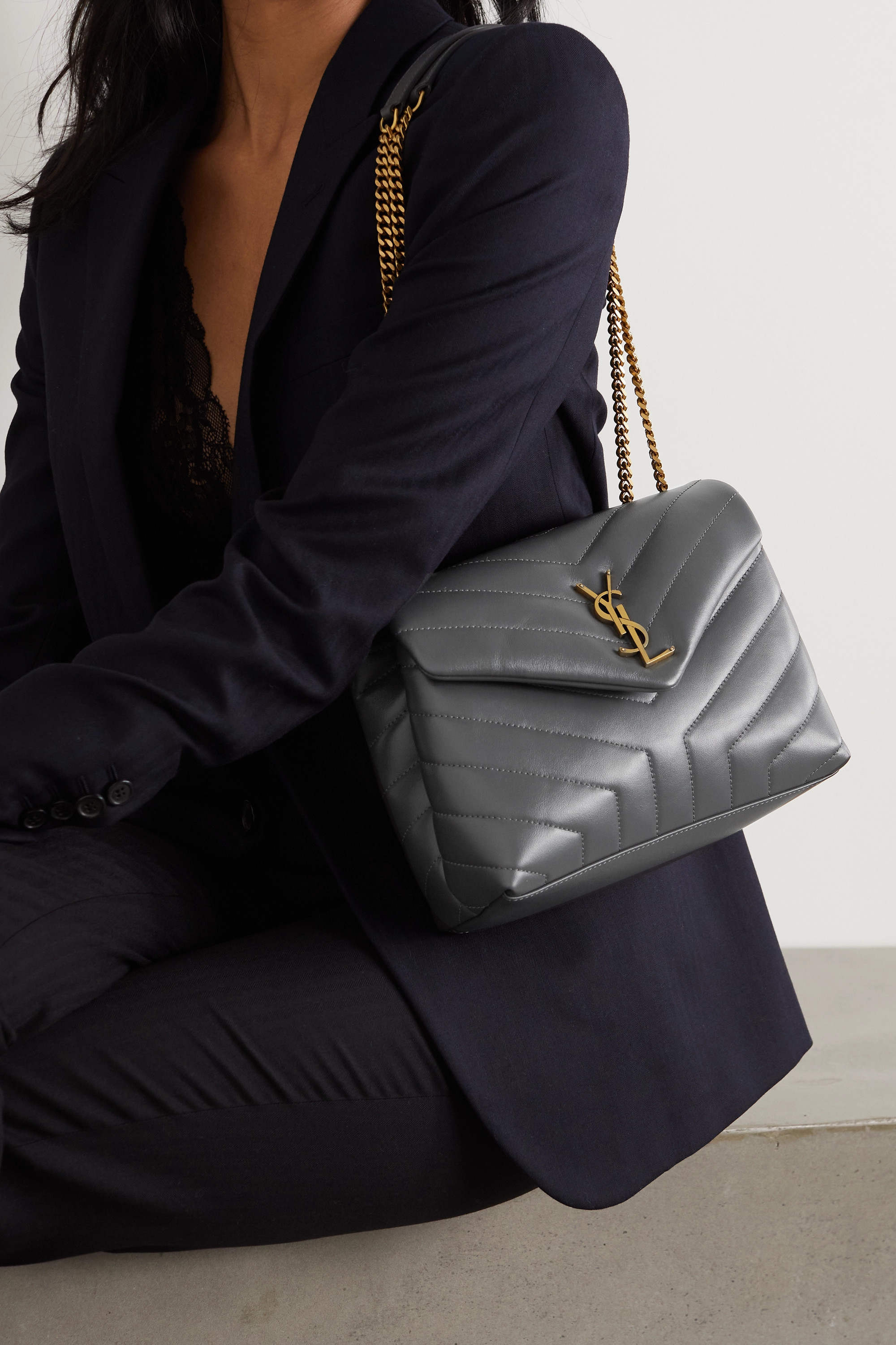 SAINT LAURENT Loulou small quilted leather shoulder bag grey