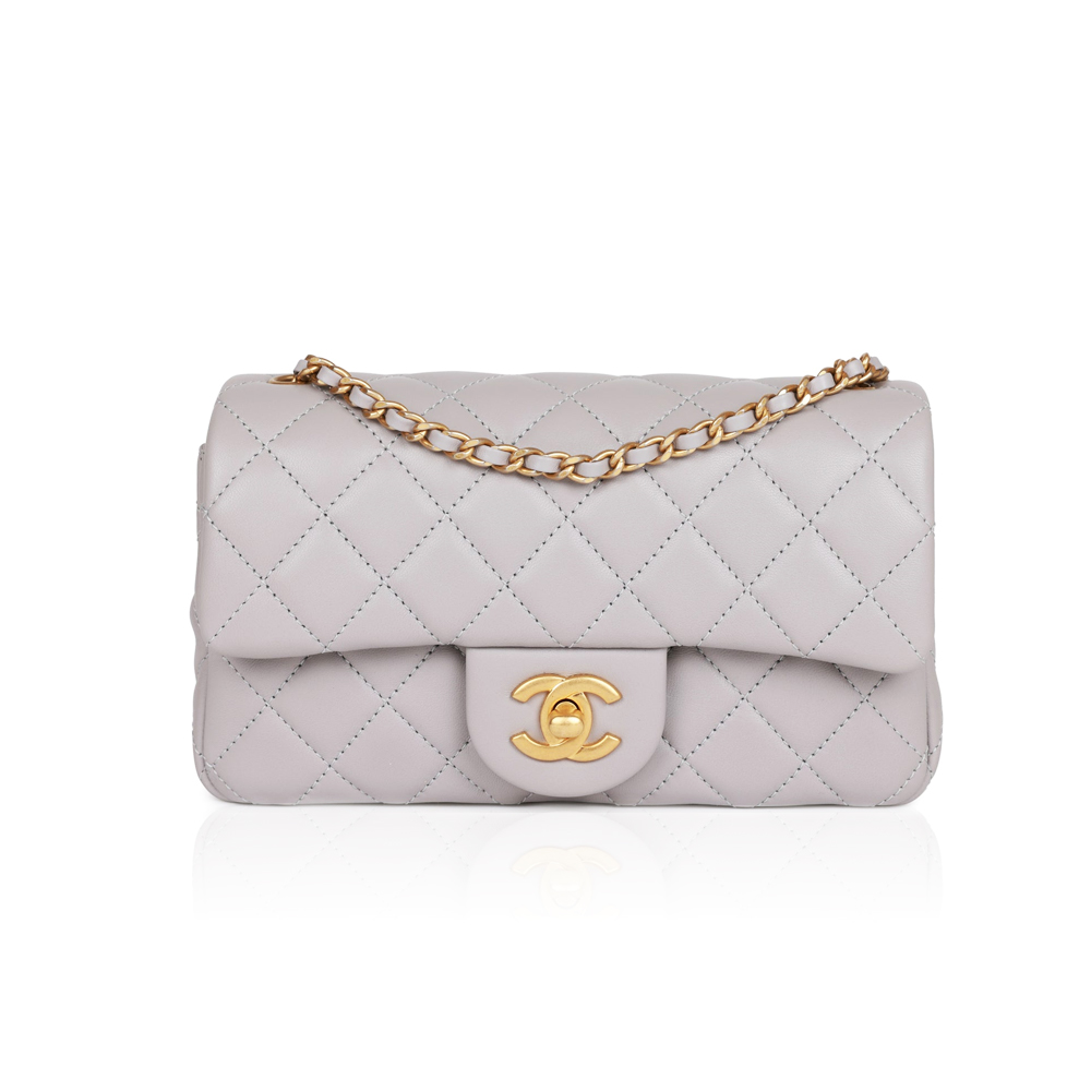 Chanel Classic Flag Bag Pearl Crush Mini Rectangular Flap Bag Light Grey Lambskin Antique Gold Hardware