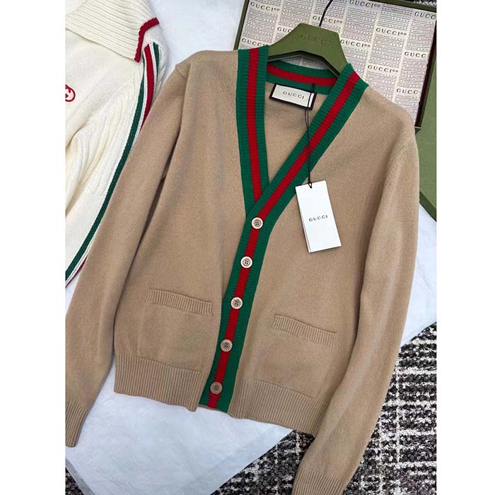 Gucci Men GG Knit Wool Cardigan Web V-Neck Long Sleeves