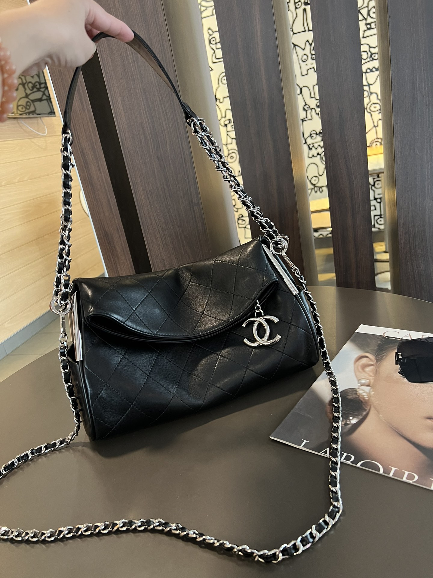 Chanel Black Silver External Stitching Hobo Shoulder Bag