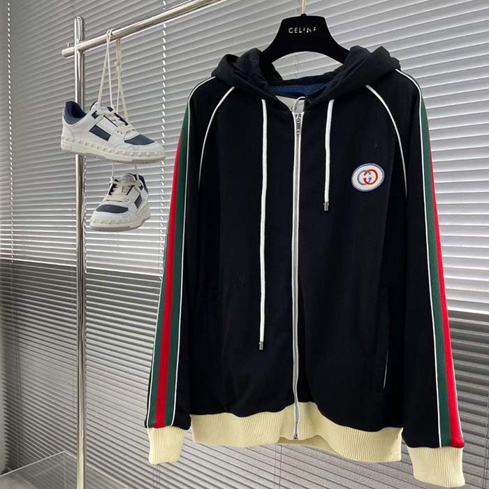 Gucci Men GG Wool Jersey Jacket Web Interlocking G Front Pockets