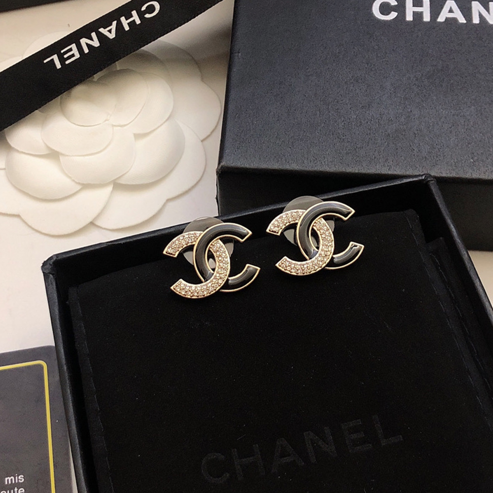 Chanel Enamel Rhinestone Double C Stud Earrings Jewelry