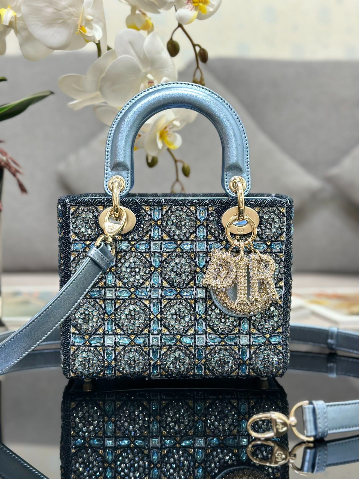 Dior Three-check embroidered Rhinestone blue