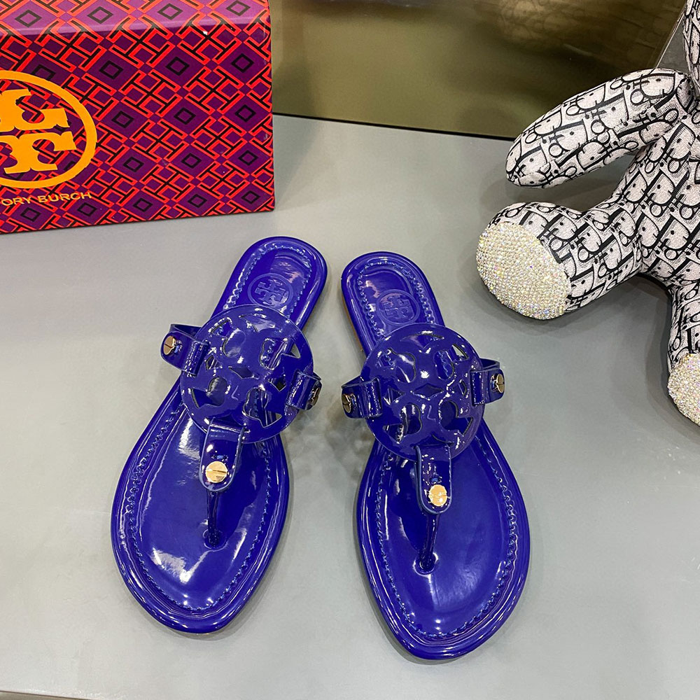 Tory Burch Leather Metal Double T Logo Flip-flops Sandals Slide