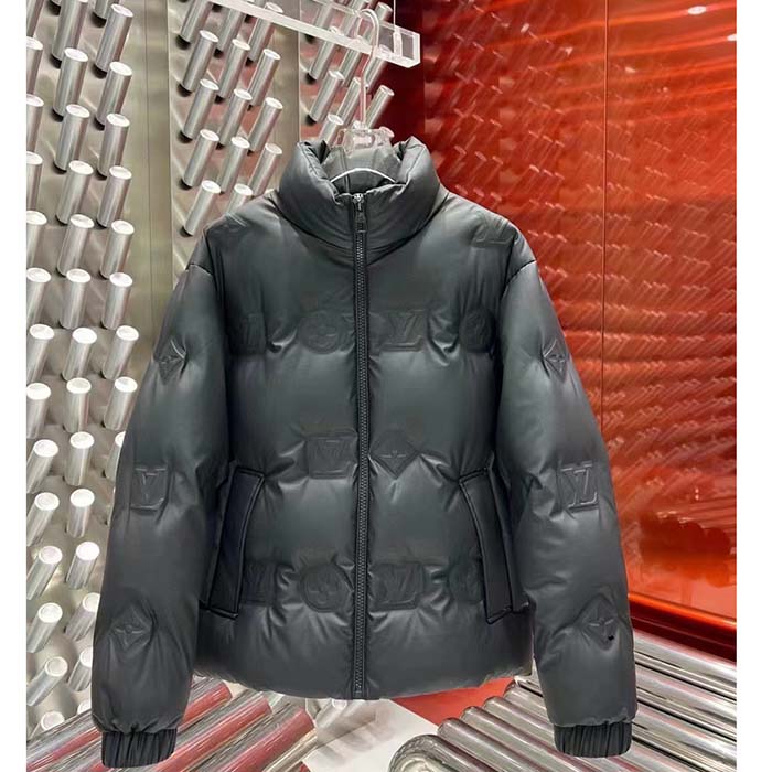 Louis Vuitton Women LV Monogram Leather Hooded Down Jacket Black Lamb Leather Anthracite Regular Fit