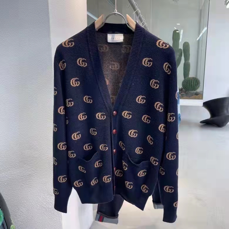 Gucci Men GG Knit Cashmere Jacquard Cardigan Blue Beige Long Sleeves V-Neck