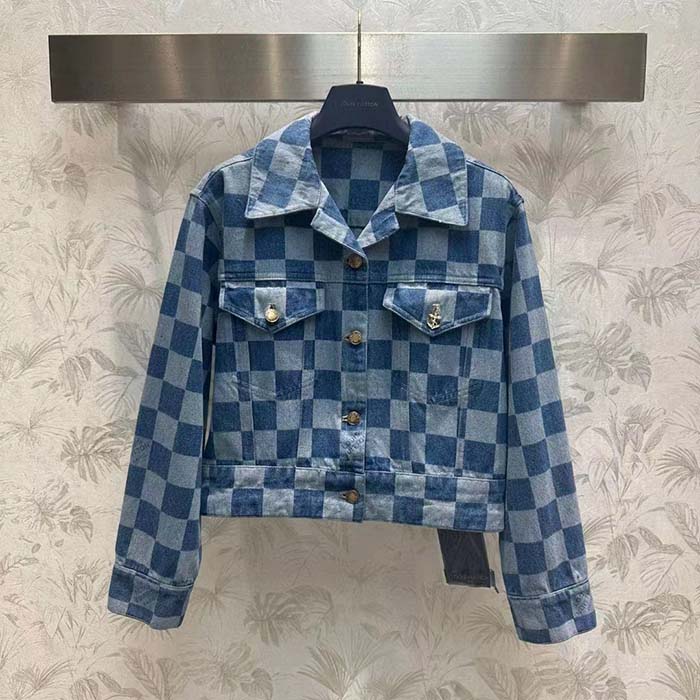 Louis Vuitton Men LV Damier Denim Jacket Cotton Blue Regular Fit 1AFGDH