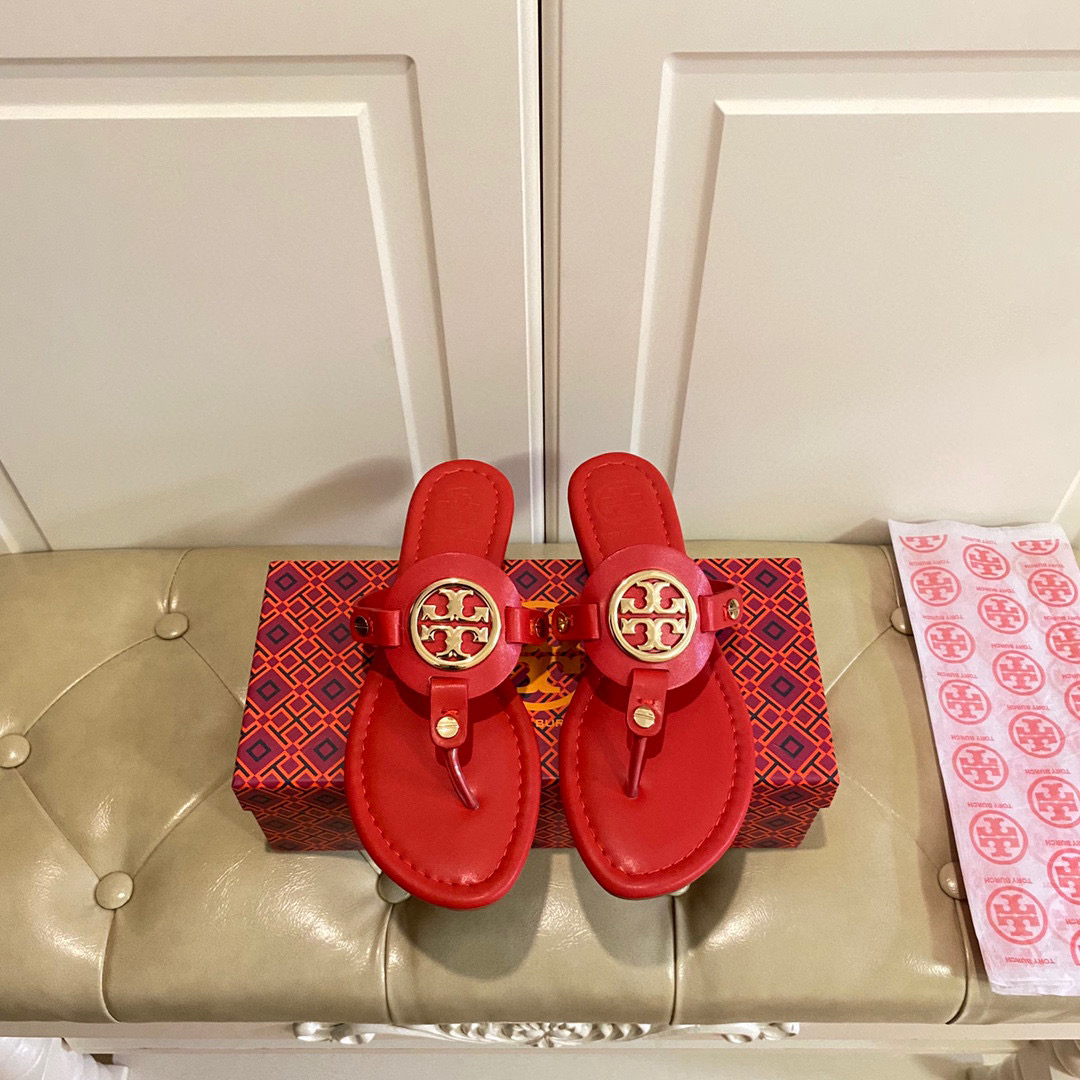 Tory Burch Leather Metal Logo Flip-flops Sandals Slide