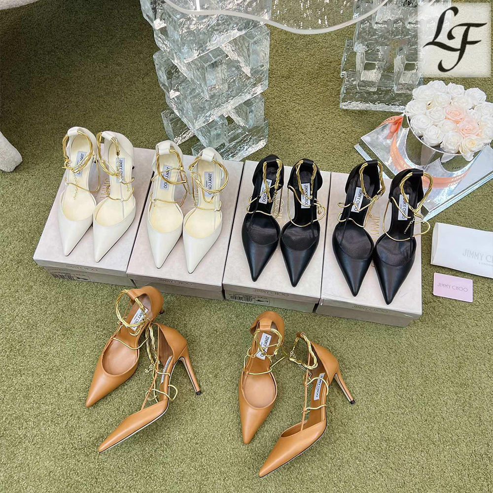 Jimmy Choo Sheepskin Spaghetti Strap Chain Heels