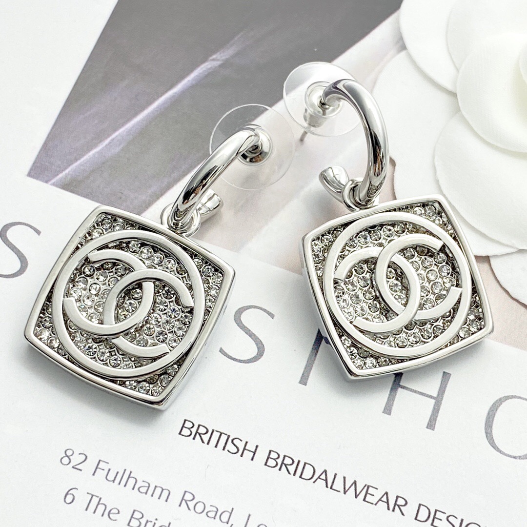 Chanel diamond silver square hook earrings