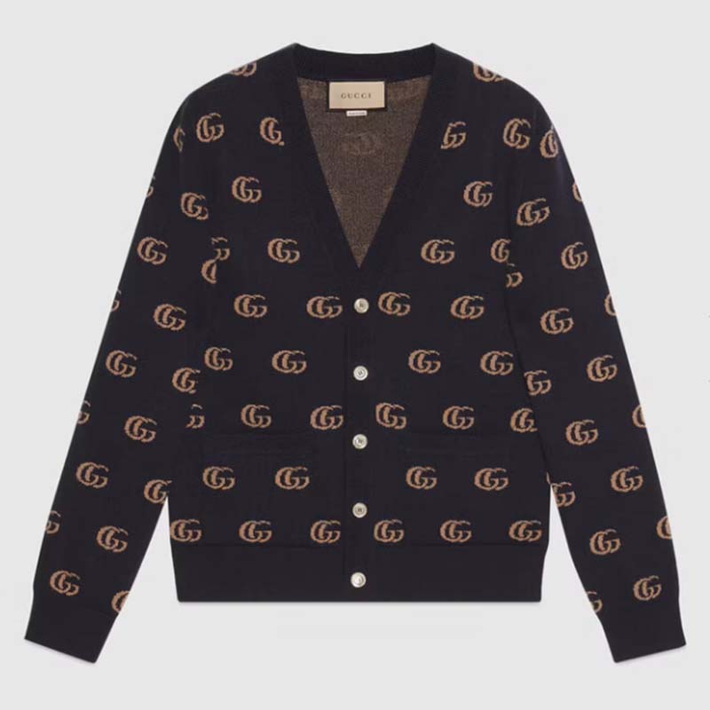 Gucci Men GG Knit Cashmere Jacquard Cardigan Blue Beige Long Sleeves V-Neck