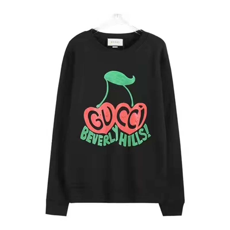 Gucci Men Beverly Hills Cherry Print Sweatshirt Cotton Jersey Crewneck Puff Sleeves-Black