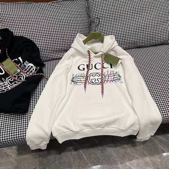 Gucci Men GG Logo Bunny Print Hooded Cotton Sweatshirt Off White Cotton Jersey