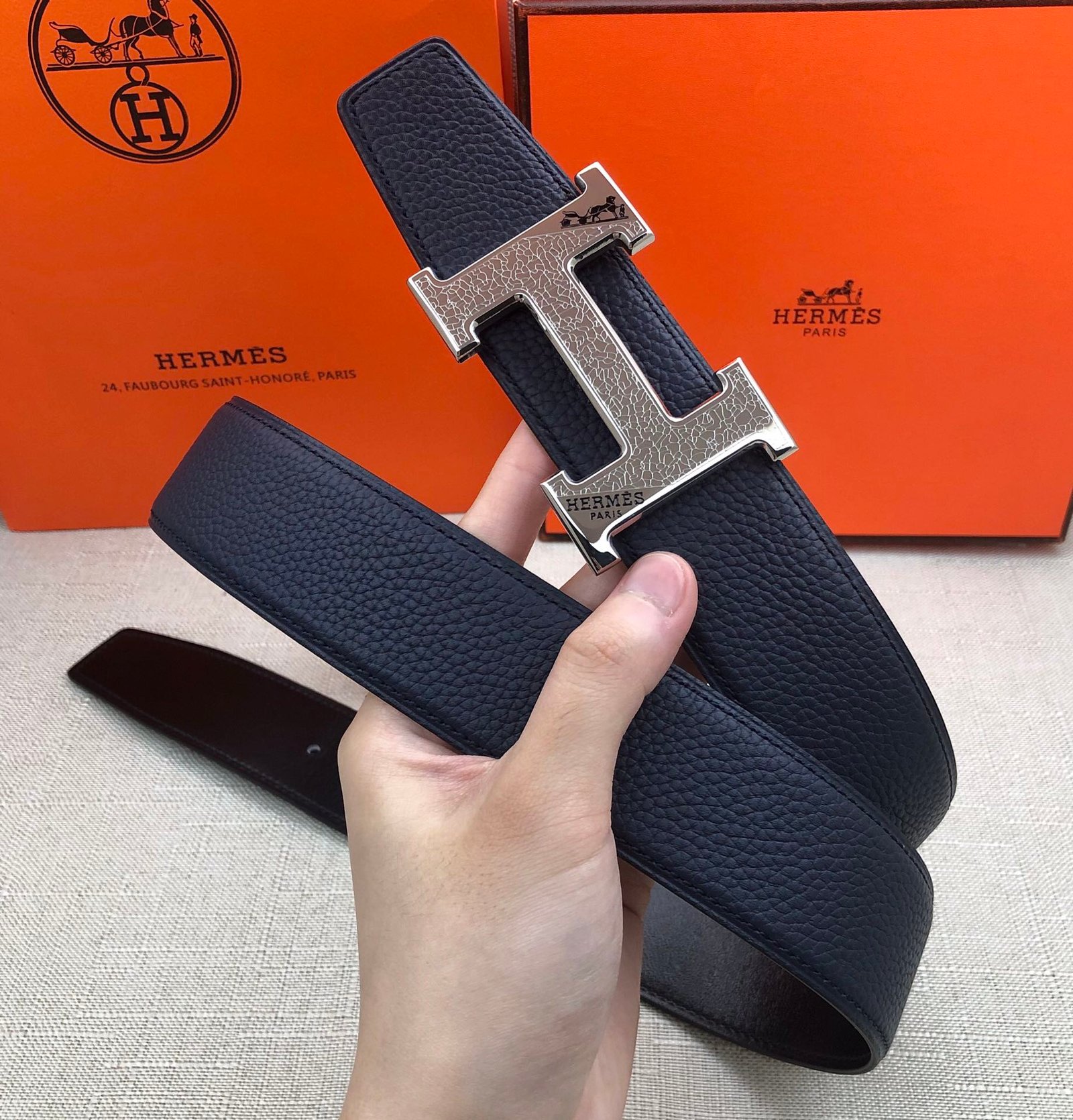 Hermes H Belt Buckle & Reversible Blue Belt 380MM