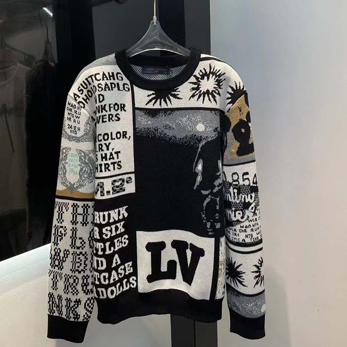 Louis Vuitton Men Wool Crewneck Regular Fit Jacquard Allover LV Fanzine Motif Multicolor