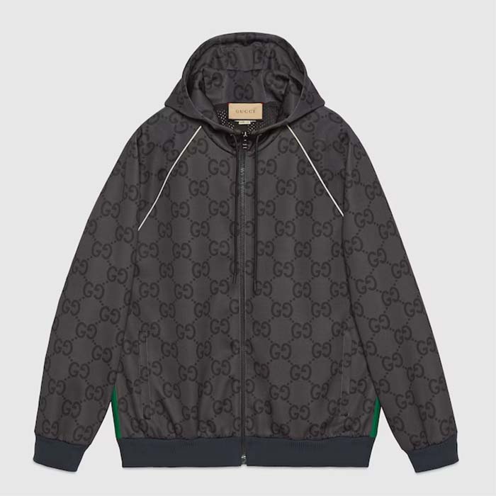 Gucci Women GG Jumbo GG Zip Jacket Web Dark Grey Neoprene Canvas Raglan Sleeves