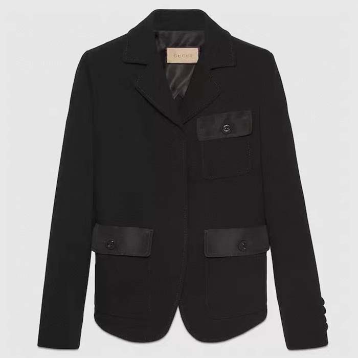 Gucci Men GG Wool Jacquard Jacket Black Lined Notch Lapel Petite Fit