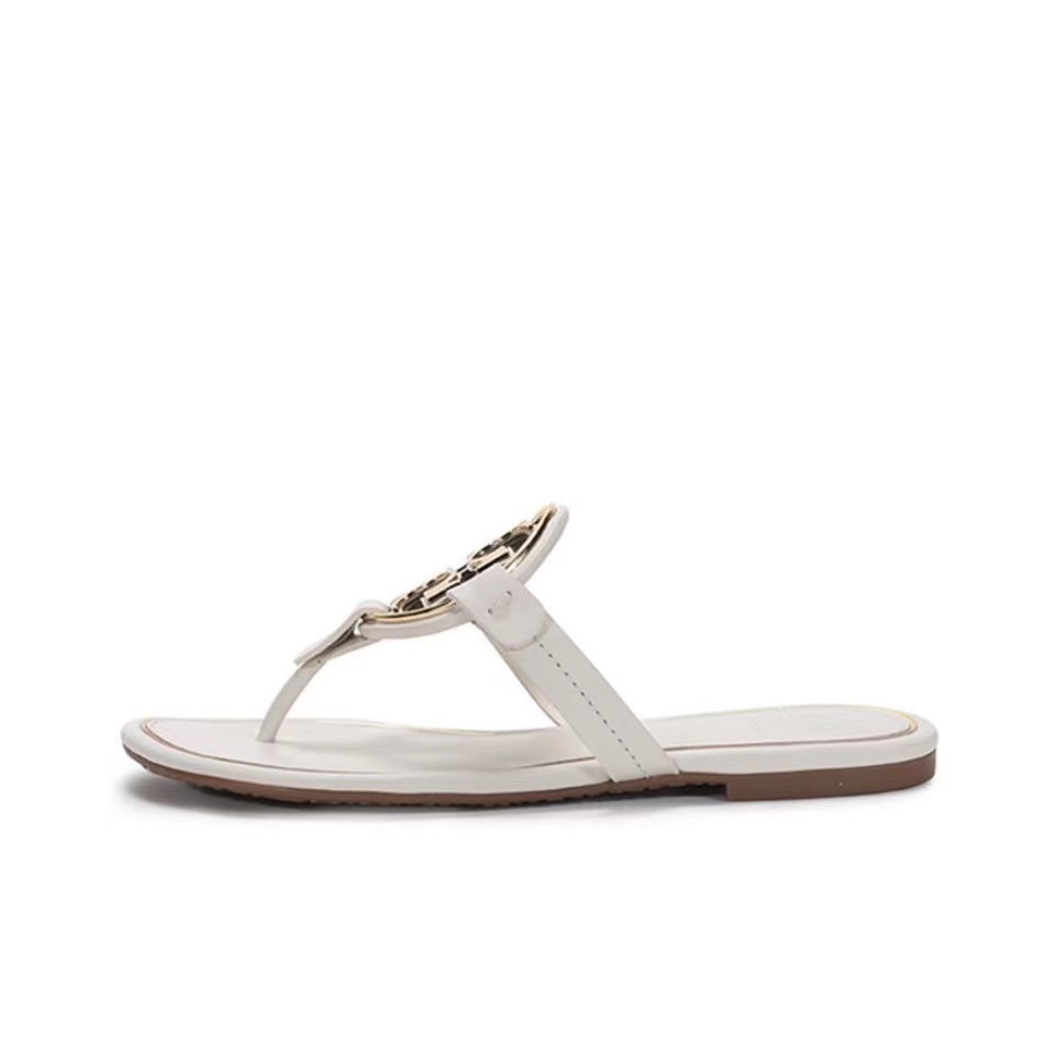 Tory Burch Leather Metal Double T Logo Flip-flops Sandals Slide