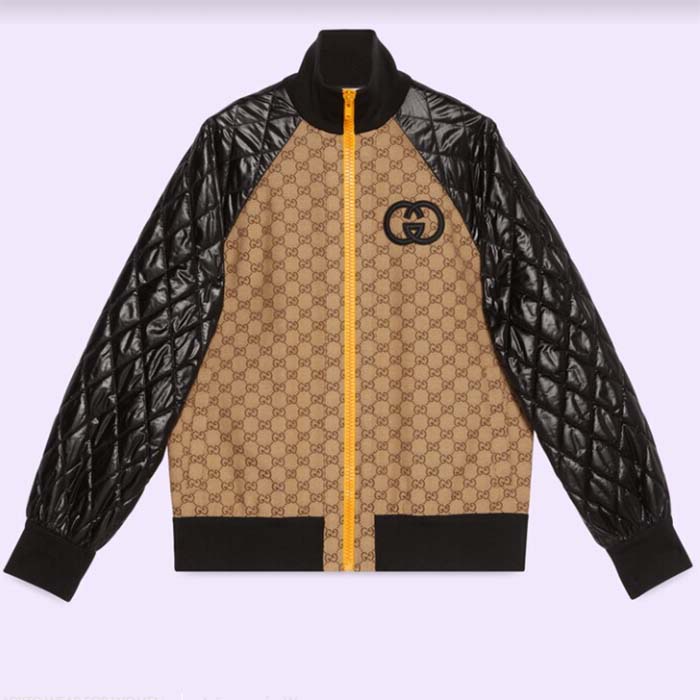 Gucci Men GG Canvas Nylon Zip Jacket Beige Ebony Black Quilted High Neck