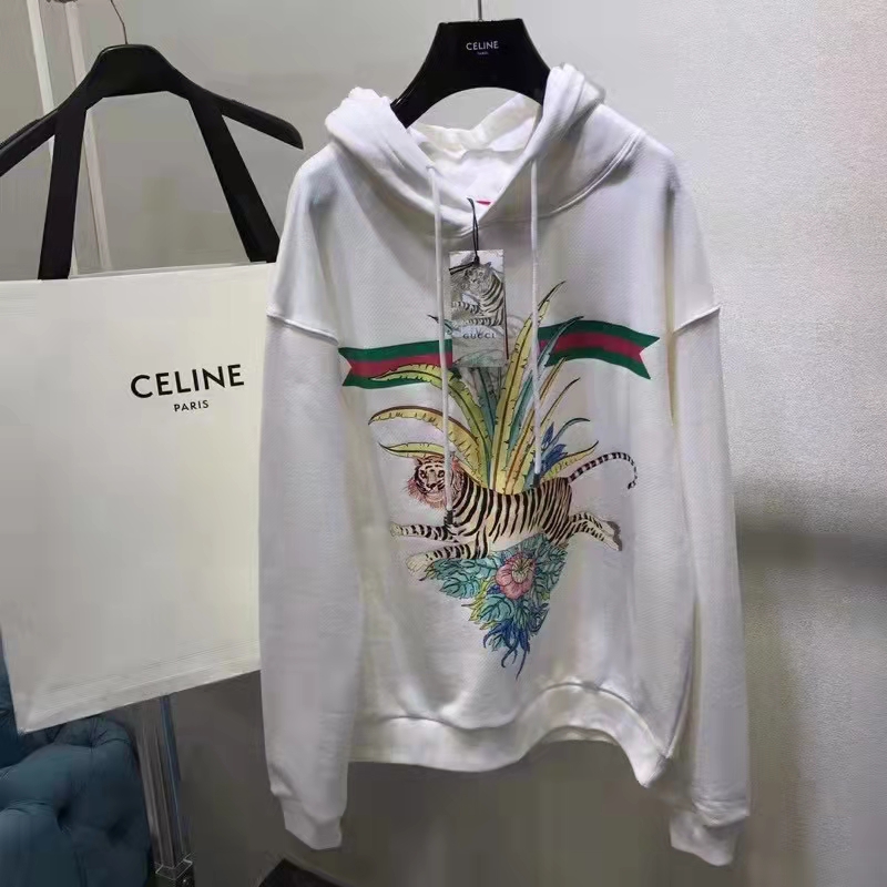 Gucci Men GG Tiger Hooded Sweatshirt Ivory Felted Cotton Jersey Fixed Hood