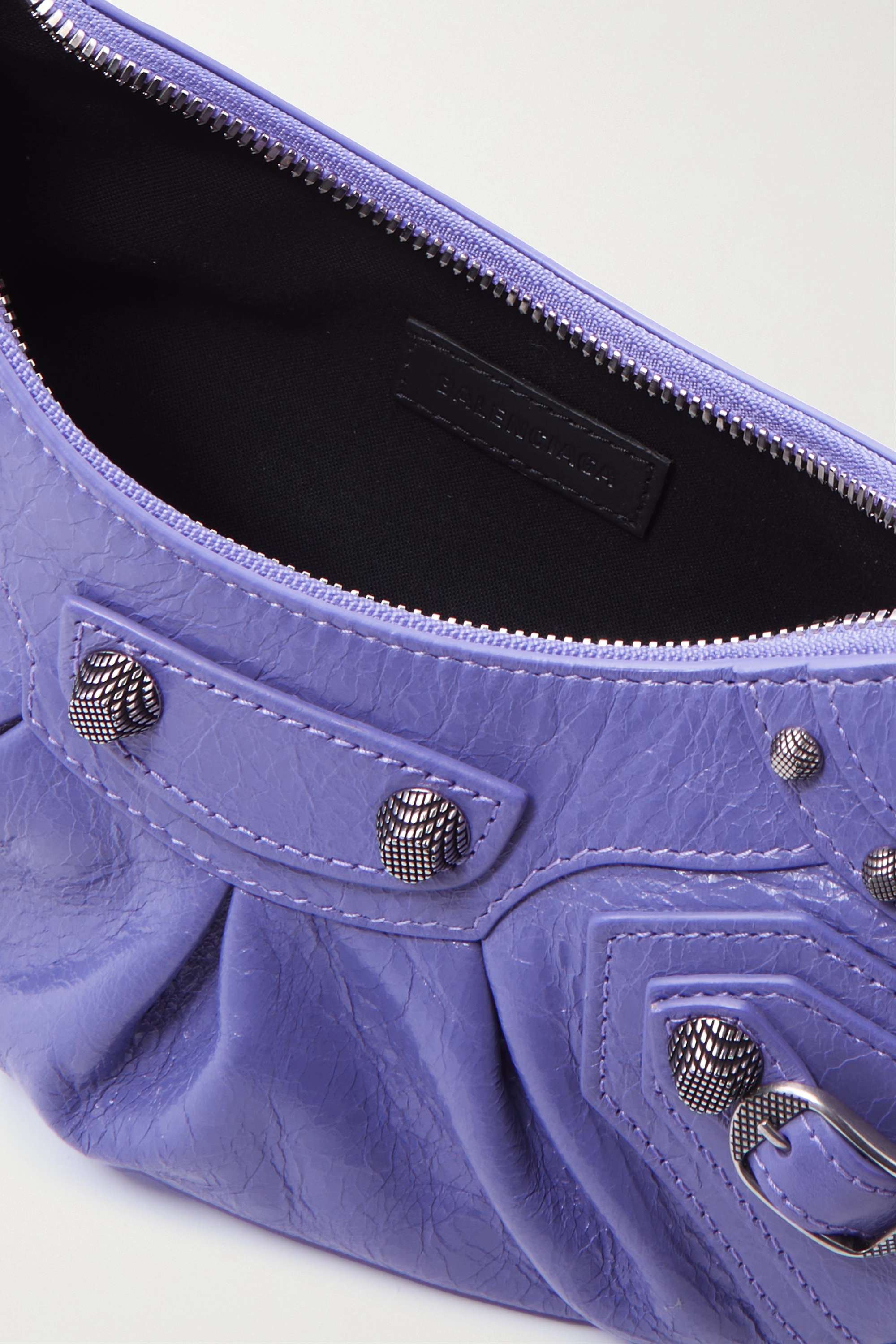 BALENCIAGA Le Cagole XS studded crinkled-leather shoulder bag purple