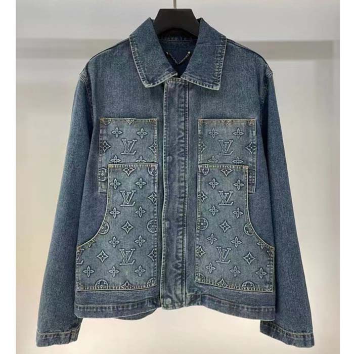 Louis Vuitton Women LV Workwear Denim Jacket Regular Fit Monogram Indigo Cotton 1ABJ7A