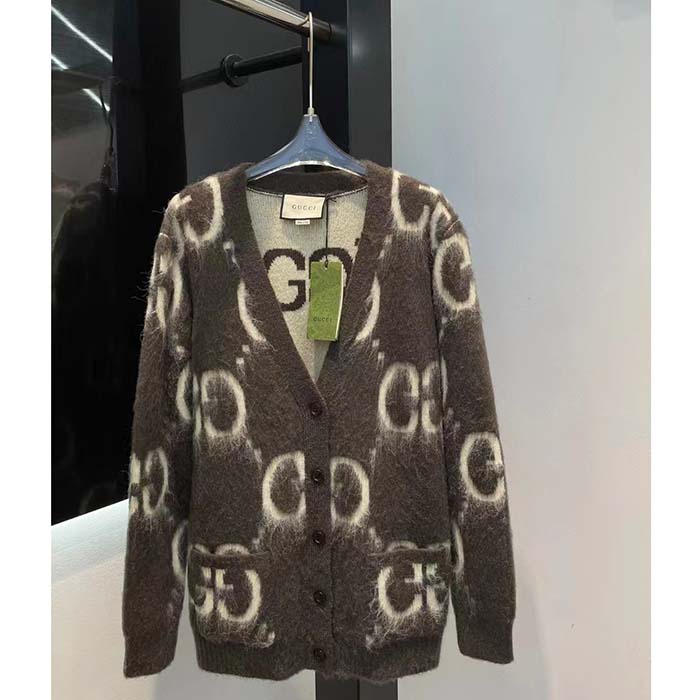 Gucci Men Reversible GG Mohair Wool Cardigan Brushed GG Jacquard Blend V-Neck Front Pockets