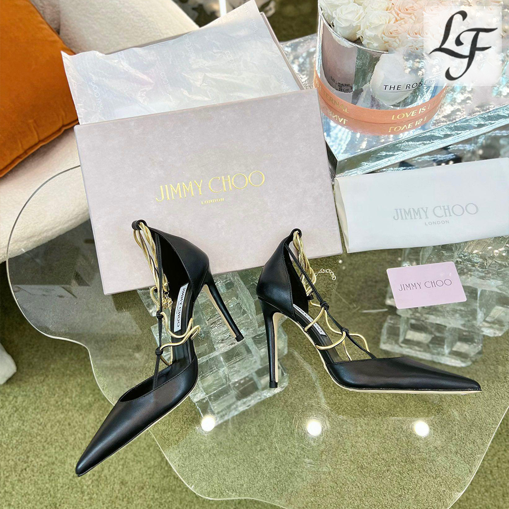 Jimmy Choo Sheepskin Spaghetti Strap Chain Heels