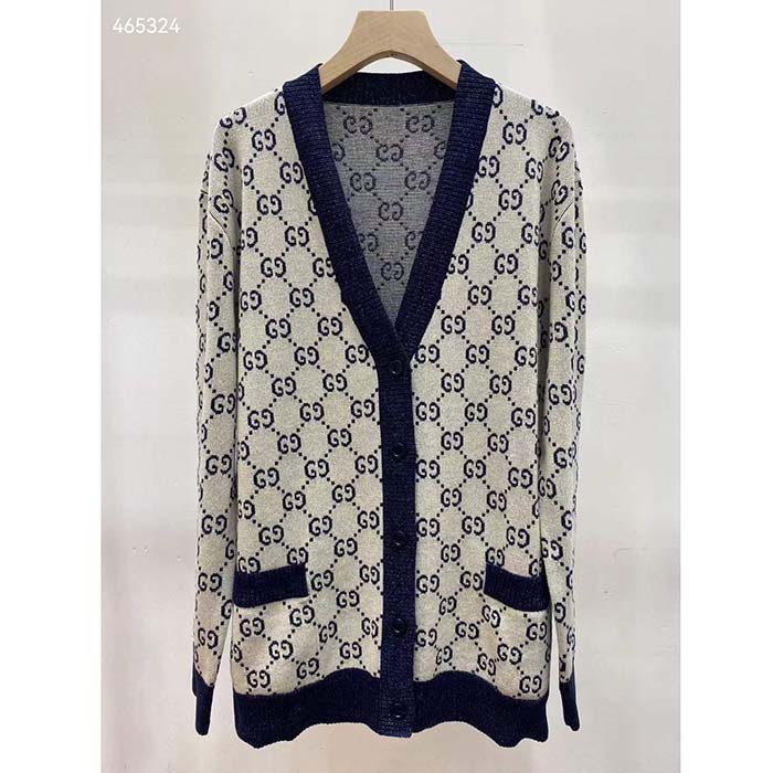 Gucci Men GG Cotton Jacquard Cardigan V-Neck Two Front Pockets